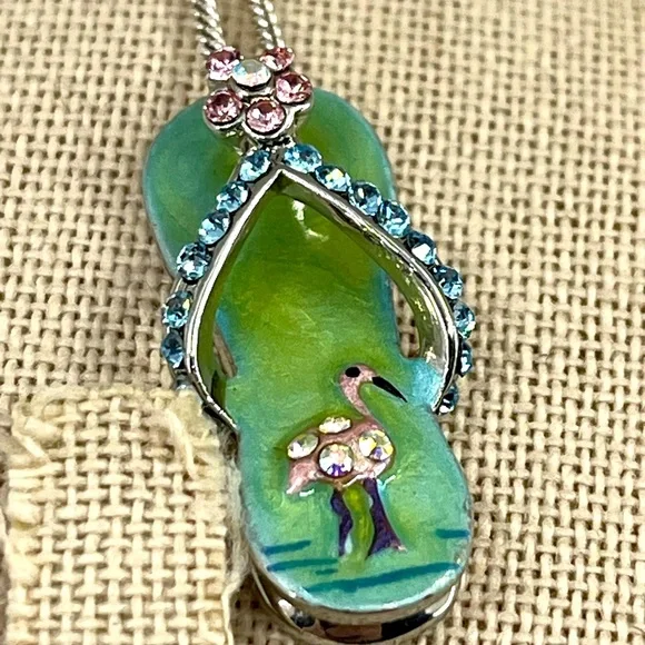Vintage Sterling Silver Flip-Flop Pendant Necklace with Flamingo & Crystals, 18” - Picture 1 of 15